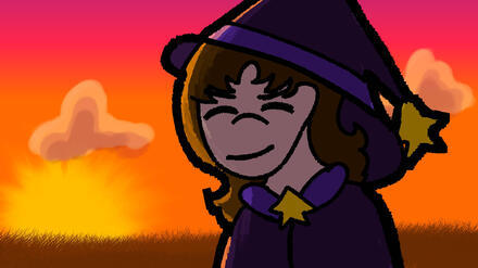 My character Greyson smiling at the camera infront of a sunset